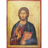 A LARGE RUSSIAN ICON PRINT CHRIST PANTOCRATOR, LAID TO PANEL. (61cm x 85cm) Condition: good
