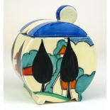 CLARICE CLIFF, A RARE BONJOUR JAM POT AND COVER In 'May Avenue' pattern, painted in colours with