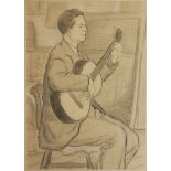 CLIFFORD HALL, 1904 - 1973, PENCIL AND CHARCOAL Portrait of a gentleman playing guitar, signed lower