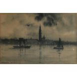 PETER PAUL PUGIN, 1851 - 1904, WATERCOLOUR Landscape, titled 'Antwerp', moonlit coastal view, signed