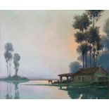 VERDY, 20TH CENTURY OIL ON CANVAS Titled 'Cottage by a River', bearing label verso, signed lower