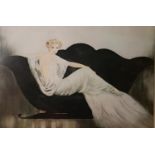 LOUIS ICART, THE SOFA, COLOURED PRINT Mounted, framed and glazed. (68cm x 52cm)