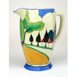 CLARICE CLIFF, A FINE AND RARE POTTERY ATHENS FORM JUG In 'May Avenue' pattern, painted in colours