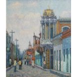 20TH CENTURY SOUTH AMERICAN SCHOOL OIL ON CANVAS Street scene, signed lower left, inscribed verso,