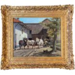 VICTOR EVERSTEIM, GERMAN, FL 1880, 19TH CENTURY OIL ON PANEL Farmyard scene, horses hauling logs,