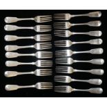 A SET OF SEVENTEEN GEORGIAN IRISH SILVER DESSERT FORKS Fiddle pattern, hallmarked M. West James,