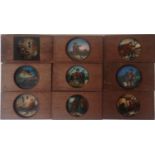 NINE VICTORIAN GLASS PICTORIAL MAGIC LANTERN SLIDES.