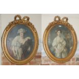 AFTER JEAN BAPTISTE GREUZE, A PAIR OF DECORATIVE COLOURED OVAL PRINTS Housed in a pair of gilt gesso