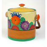 CLARICE CLIFF, A HEREFORD DESIGN BISCUIT BARREL AND COVER, CIRCA 1930/1934 In 'Gayday' pattern,