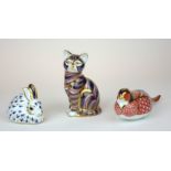 ROYAL CROWN DERBY, THREE STATUES PARTRIDGE, CAT & RABBIT All gold buttons. (tallest 13cm) Condition: