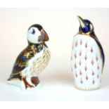 ROYAL CROWN DERBY, TWO STATUES, PUFFIN AND PENGUIN Silver buttons. (14cm) Condition: good