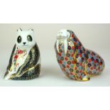 ROYAL CROWN DERBY, TWO STATUES, PANDA AND WALRUS Silver buttons. (tallest 11cm) Condition: good