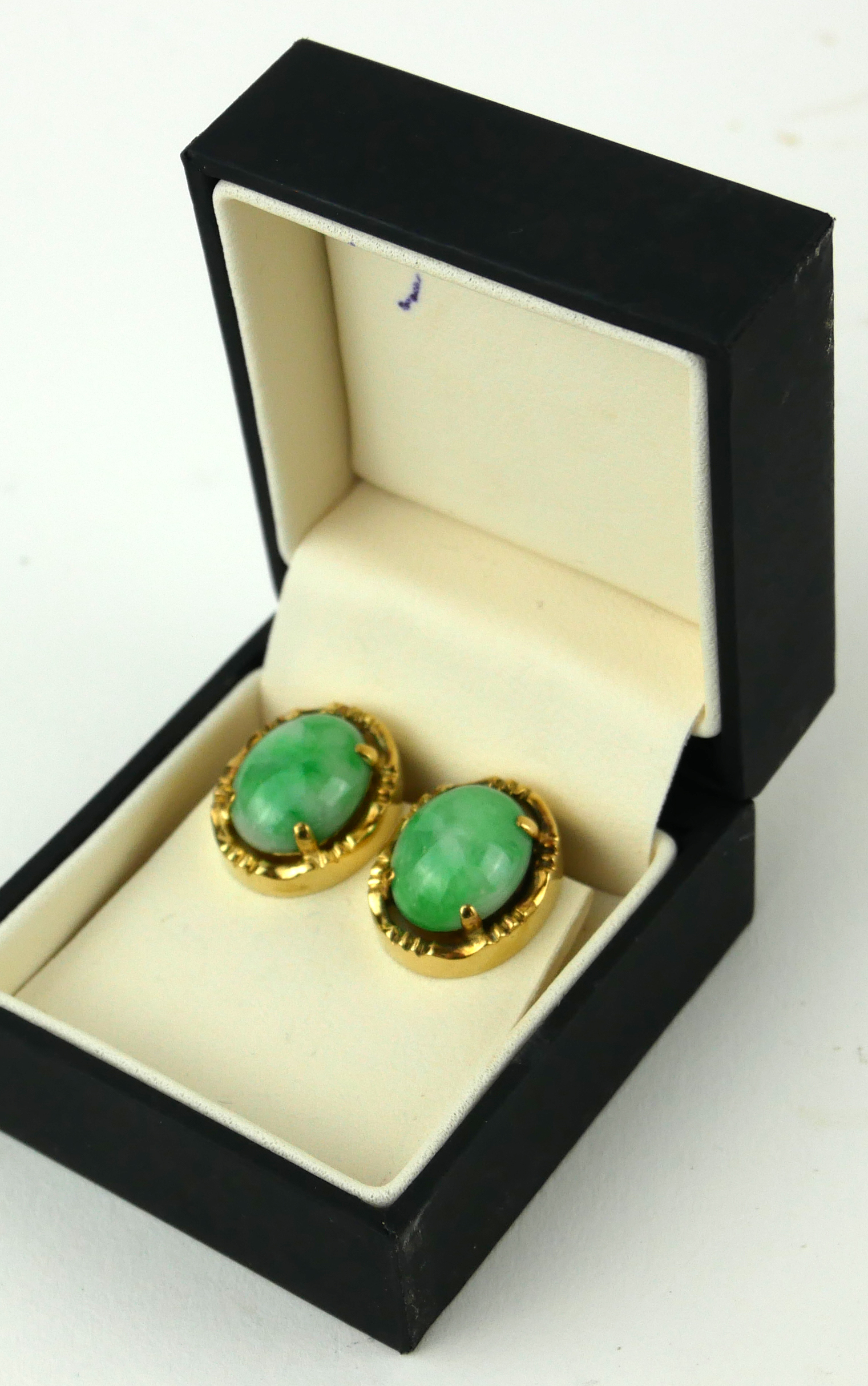 A PAIR OF 18CT GOLD AND OVAL JADE EARRINGS, CIRCA 1950. - Image 2 of 2