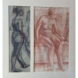 A 20TH CENTURY RED CRAYON AND BLACK CHARCOAL ON PAPER, SEATED FEMALE NUDE STUDY WITH STANDING FIGURE