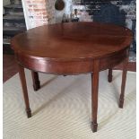 A 19TH CENTURY MAHOGANY AND CROSSBANDED 'D' END DINING TABLE With one extra leaf, raised on square