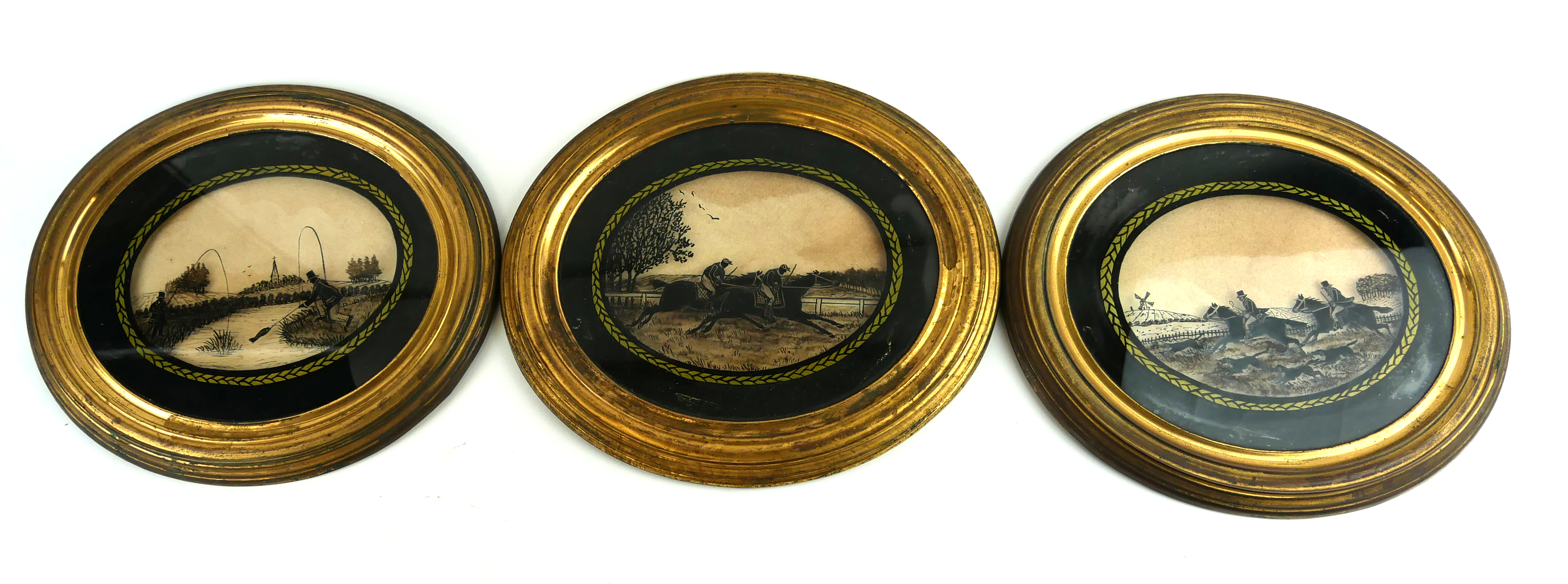 SET OF THREE 19TH CENTURY REVERSE GLASS SILHOUETTE PAINTING Horse racing, gentleman fishing, horse