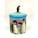 DENNIS CHINA WORKS, 2007, DESIGNED BY SALLY TUFFIN, A PRESERVE POT AND COVER With penguin finial