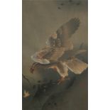 A 19TH CENTURY JAPANESE WATERCOLOUR OF EAGLE On bamboo perch with a smaller bird to foreground,