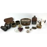 A COLLECTION OF EARLY 20TH CENTURY SILVER PLATED WARE Including three glass hip flasks, a pair of