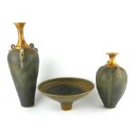 BRIDGIT DRAKEFORD, A COLLECTION OF THREE ART POTTERY ITEMS Two vases and a conical bowl, each having