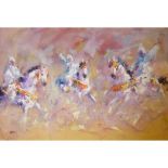 LAHMEUR, A 20TH CENTURY OIL ON BOARD, ABSTRACT Horseback figures, signed lower left 'Lahmeur' and