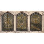 A 19TH CENTURY GOTHIC STAINED LEADED GLASS WINDOW Pine framed. (125cm x 65cm) Condition: cracks in