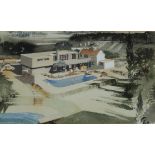 PETER SAINSBURY, A MID 20TH CENTURY ARCHITECTURAL WATERCOLOUR Villa with swimming pool, signed lower