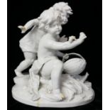 A LARGE EARLY 20TH CENTURY ITALIAN WHITE GLAZE PORCELAIN FIGURAL GROUP Two children at play with