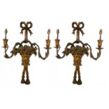 A PAIR OF 19TH CENTURY CARVED GILTWOOD TWIN BRANCH WALL SCONCES In the form of ribbons above