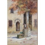 M.H. MEYRECK, AN EARLY 20TH CENTURY WATERCOLOUR LANDSCAPE Female figure at a water fountain,