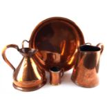 A COLLECTION OF VICTORIAN AND LATER COPPER WARE To include a large jam pan with twin handles, two