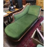 AN EARLY VICTORIAN MAHOGANY SCROLL END GREEN VELVET UPHOLSTERED CHAISE LOUNGE.