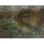 JOHN NICHOL, A 20TH CENTURY PASTEL ON PAPER Landscape, riverside view, with a bridge and rowing