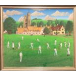 LARRY SMART, 1945 - 2005, OIL ON LINEN Village green cricket scene, signed, framed. (65cm x 55cm)