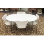 FRITZ HANSEN, DESIGNED BY ARNIE JACOBSEN, AN OVAL WHITE LACQUERED DINING TABLE AND FOUR MATCHING