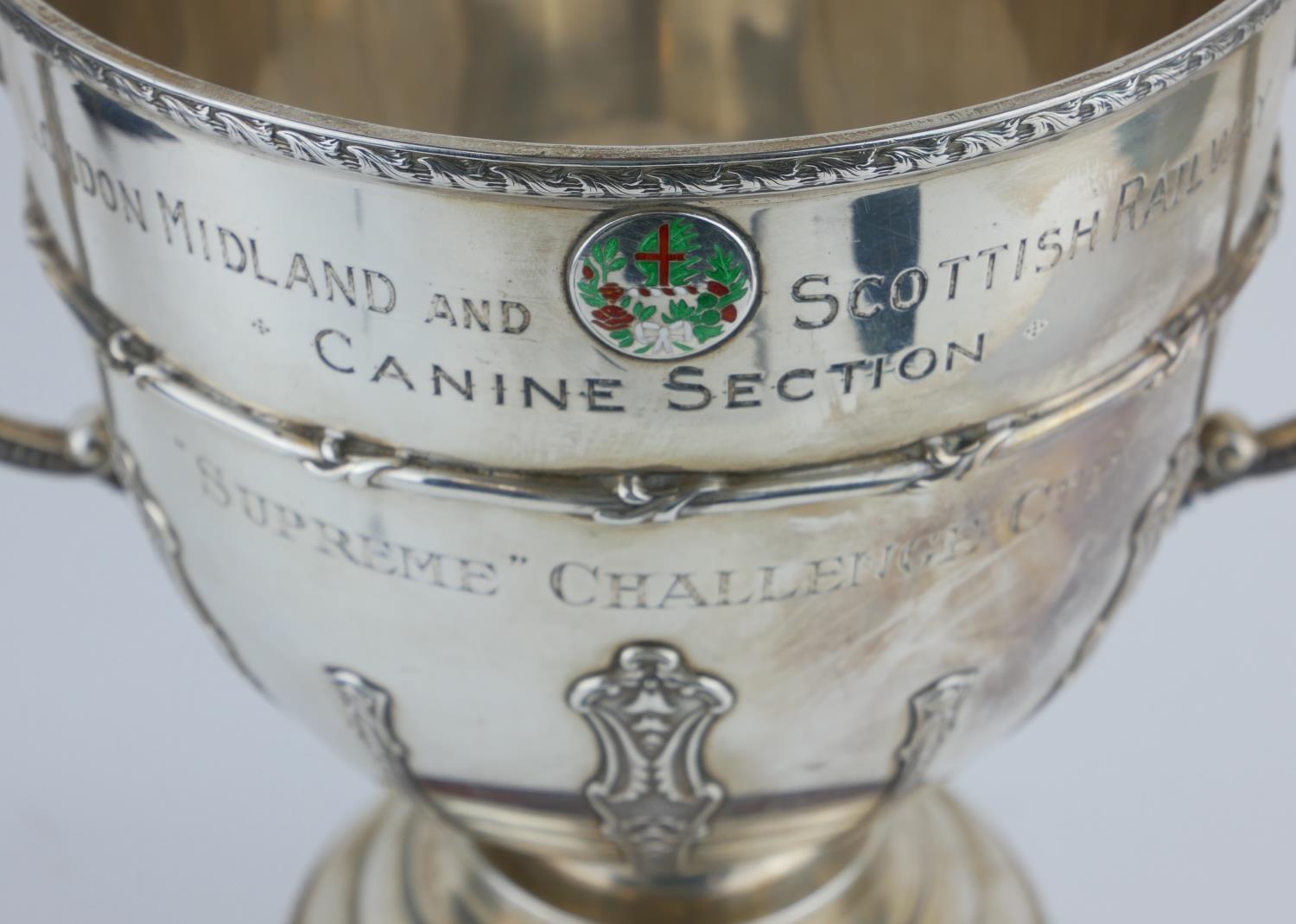 LONDON MIDLAND AND SCOTTISH RAILWAYS, A LARGE SILVER PRESENTATION TROPHY CUP Twin handles with green - Image 7 of 7