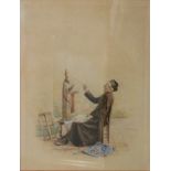 A LATE 19TH/EARLY 20TH CENTURY ITALIAN WATERCOLOUR, PORTRAIT OF A COMICAL MONK IN AN ARTIST STUDIO
