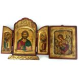 A FINE MID 20TH CENTURY GREEK ORTHODOX BYZANTINE STYLE TRIPTYCH ICON Centrally depicting Christ