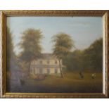 A 19TH CENTURY OIL ON PANEL Landscape, cows and figures with a countryhouse beyond, gilt framed. (