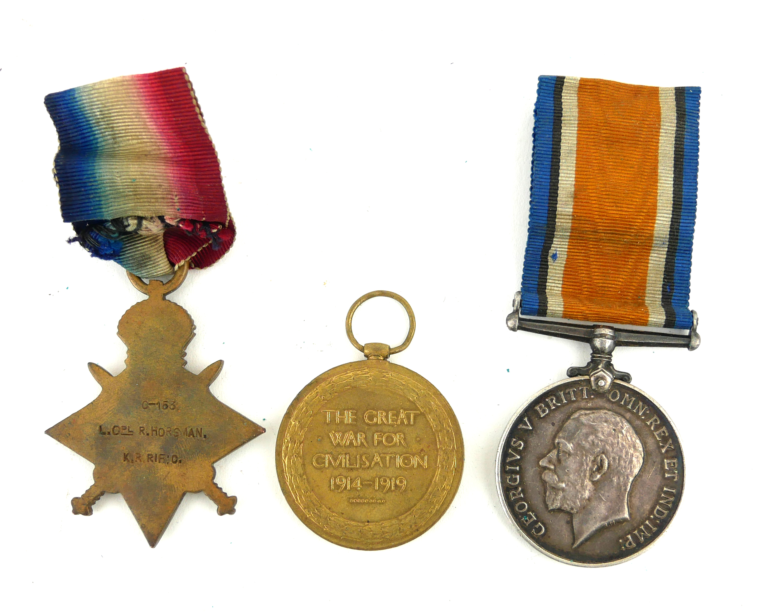 A SET OF THREE WWI BRITISH ARMY WAR MEDALS Silver medal, 1915/15 star and Great War for Civilisation - Image 2 of 3