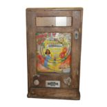 AN EARLY 20TH CENTURY OAK 'ALL WIN' PENNY ARCADE SLOT MACHINE Rectangular form, with penny slot