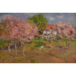 TCHOUIKOV EUGENII VASSELEVICH, 1924 - 2001, OIL ON BOARD Titled 'The Blossom Peaches', landscape,