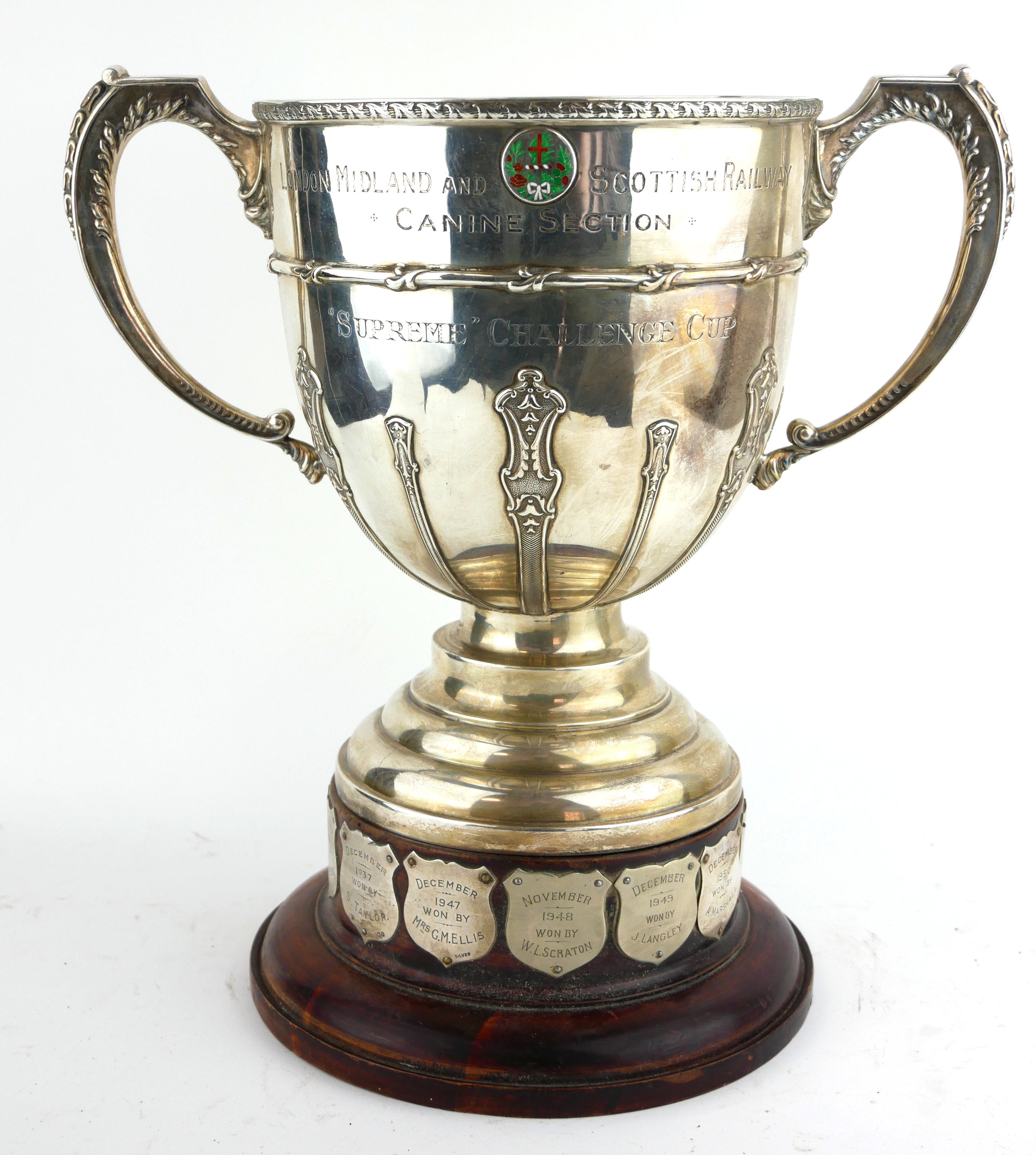 LONDON MIDLAND AND SCOTTISH RAILWAYS, A LARGE SILVER PRESENTATION TROPHY CUP Twin handles with green