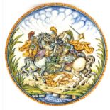 A 20TH CENTURY ITALIAN MAJOLICA RENAISSANCE STYLE INSTORIATIO WALL CHARGER Centrally polychromed