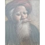 A 20TH CENTURY OIL ON PALM LEAVES LAID TO BOARD, BEARDED MIDDLE EASTERN MAN SMOKING TOBACCO Signed