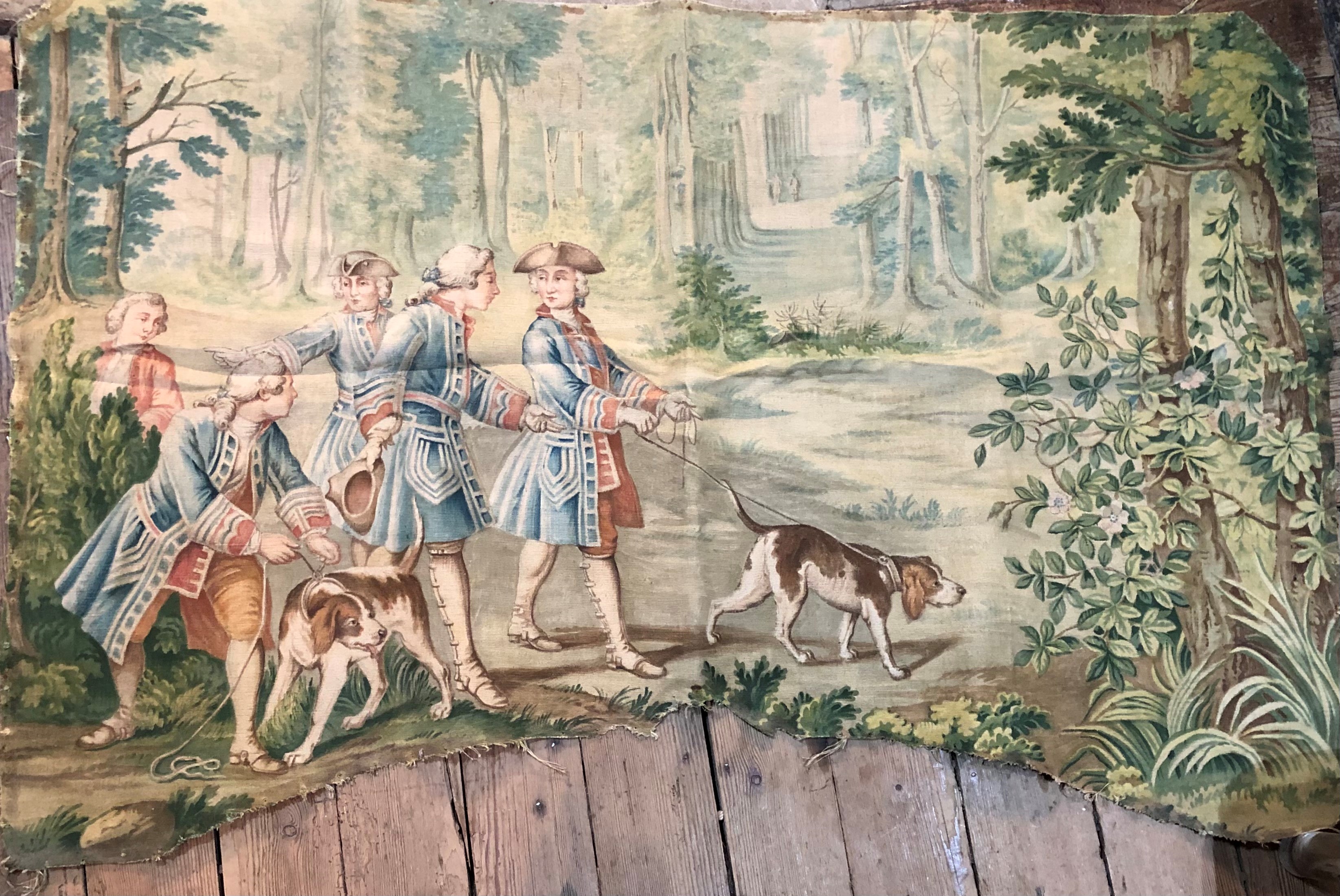 AN EARLY 20TH CENTURY EUROPEAN WALL HANGING TAPESTRY Dancing peasants, along with an antique painted