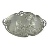 WMF, AN ART NOUVEAU PEWTER FIGURAL TRAY With embossed portraits of winged maidens within a pierced