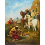 A CONTINENTAL OIL ON PANEL, ARABIC HUNTING SCENE With hawkers on horseback, framed and glazed. (49cm