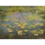 20TH CENTURY CONTINENTAL SCHOOL OIL ON CANVAS, LILY PADS Indistinctly signed, framed. Condition: