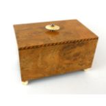 AN EARLY 20TH CENTURY BURR WALNUT RECTANGULAR CIGARETTE BOX With ivory finial and ball feet. (approx